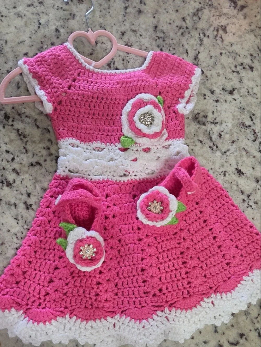 Handmade Hot Pink & White Crochet Dress with Matching Shoes